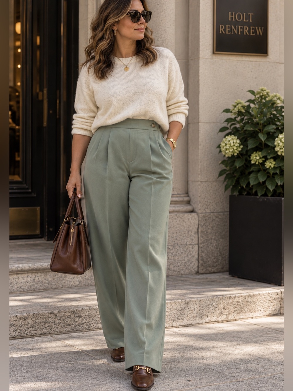 Vintage Holt Renfrew 100% Wool Sage Green Wide Leg Trousers High Rise 90s Pant